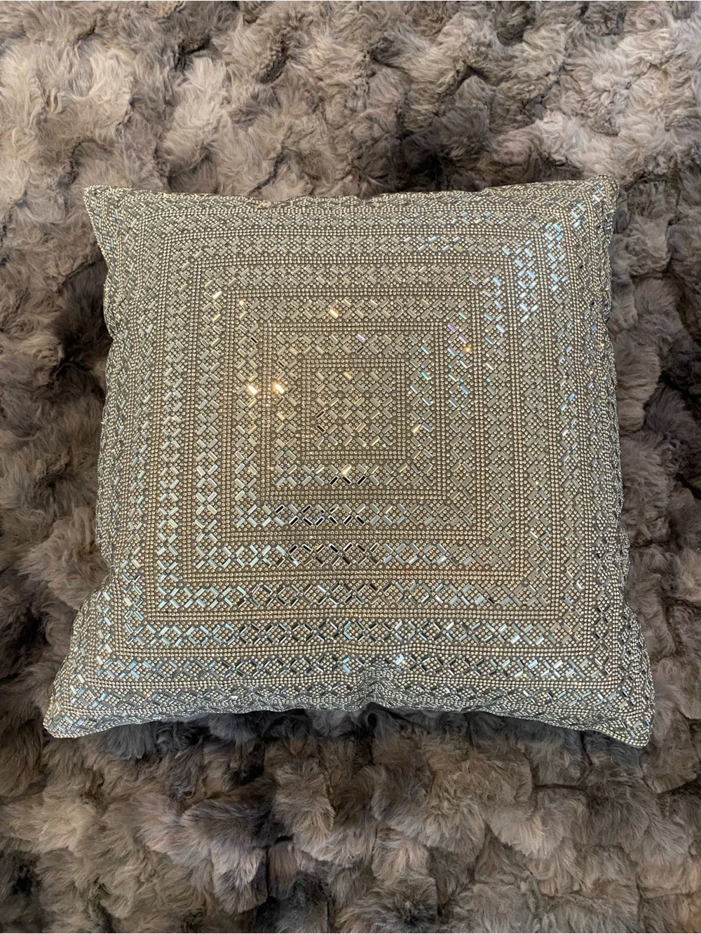 Embellished Rhinestones Square Throw Pillow - Silver & Gray
